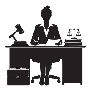 Hukuk Mesleği Tasarımı için Masa Vektöründeki Siluet Avukatı Kadın