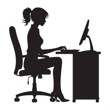 Masadaki siluet kadın bilgisayar illüstrasyon vektörüyle çalışıyor