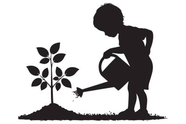 Çocuk silueti, çevre ve büyüme için ağaç illüstrasyonunu suluyor
