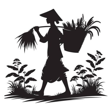 Siluet Asyalı kadın çiftçi hasat vektör sanatı ile yürüyor