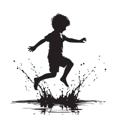 Su birikintisine atlayan oğlanın Silueti Keyifli Anlar