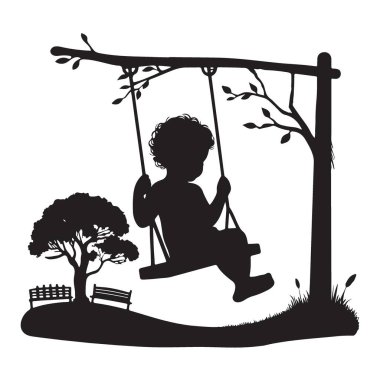 Swing Set Siluet Vektörü Grafik Çiziminde Çocuk Oynuyor