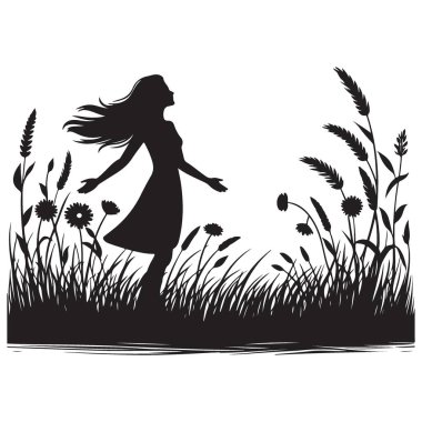 Meadow 'daki Siluet Kadın Doğanın Güzelliğine Kaçtı