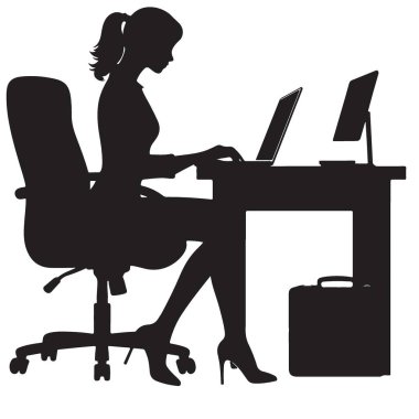 Ofis masasında çalışan profesyonel kadın siluet vektör çizimi