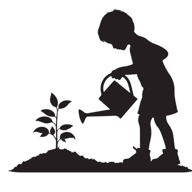 Çocuk suları siluet vektör illüstrasyonunu yerleştirir doğayı besler