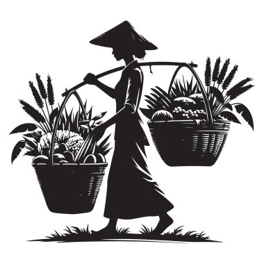 Asyalı Çiftçinin Silueti Omuz Direğine Hasat Sepeti Taşıyor