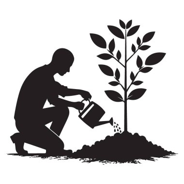 Çevresel Bilinç Kampanyası İçin Ağacı Sulayan Bir Adamın Silueti
