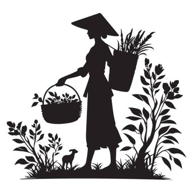 Alan Vektörü Sanatında Ekin Toplayan Asyalı Çiftçi Silueti