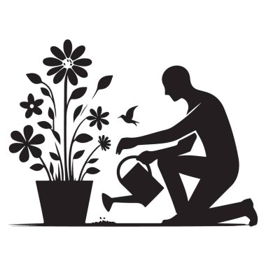 Siluet Bahçıvan Sulama Çiçekleri Güzel Vektör İllüstrasyonu İndirme