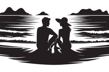 Sahilde Oturan Siluet Çifti Romantik Vektör İllüstrasyon Sanatı