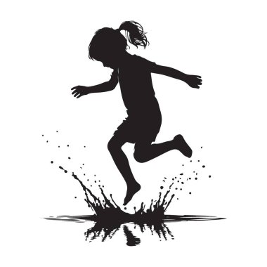 Su birikintisi vektör sanat tasarımına atlayan bir kızın silueti
