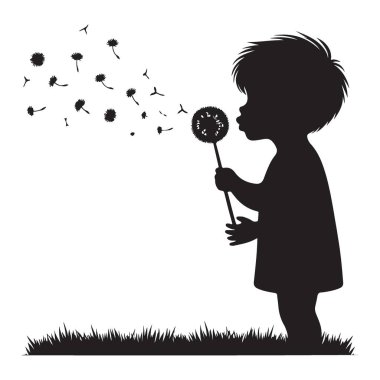 Çocuk karahindiba üfleme silueti çizimi neşe ve hayaller yayıyor.