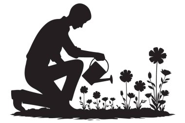 Bahçıvan Çiçekleri Suladı Bahçe Temaları için Siluet Çizimi