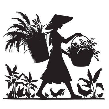 Asyalı Çiftçi Hasat Silueti Taşıyor Geleneksel Tarım Sahnesi