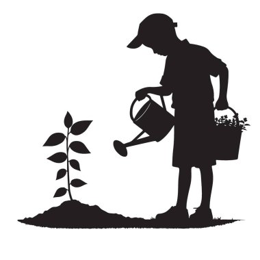 Sulama kutusu olan çocuk ağaç vektör silueti çizimi dikiyor