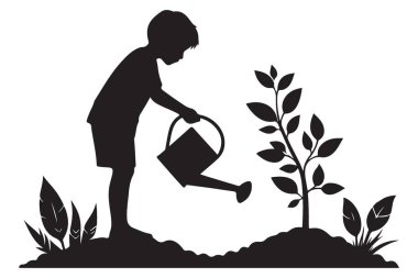 Çocuk Çiçek Sulama Silueti Sürdürülebilir Gelecek İçin Bir Ağaç Dikiyor