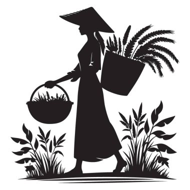 Asyalı Çiftçi Silueti Pirinç Tarlası Tarım Mirasında Ekinleri Taşıyor