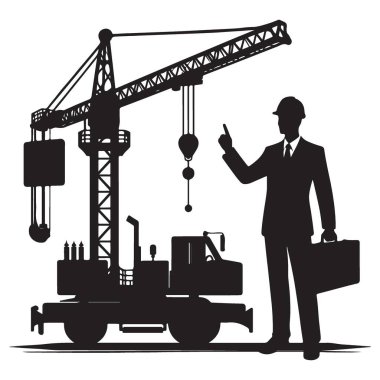 İnşaat Mühendisi Siluet Görüntü: Crane ve İnşaat Projesi