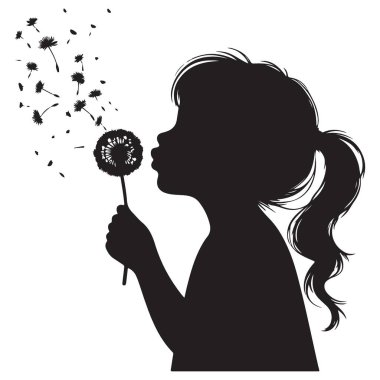 Siluet Çizimi: At kuyruklu Karahindiba Tohumu Eken Kız