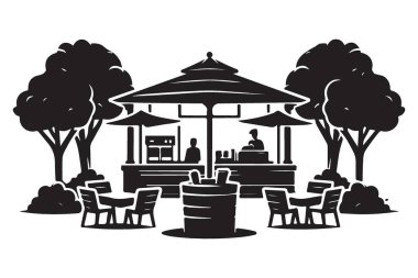 Tablolu ve resimli açık kafe büfenin silueti