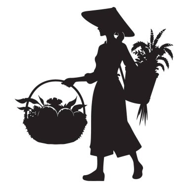 Asyalı Çiftçi Silueti Resimleri Geleneksel Ürünleri Topluyor