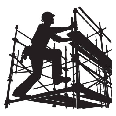 İnşaat İşçisi Silueti İnşaat Projesi Güvenliği sırasında İskeleye Tırmanıyor