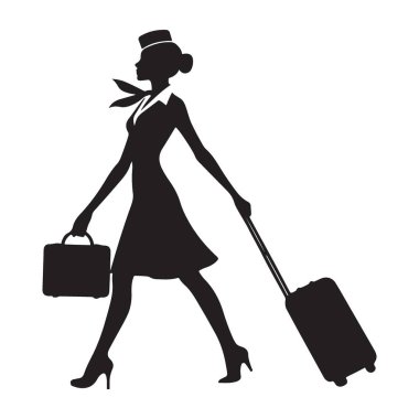 Bayan Uçuş Görevlisi Siluet Görüntü Bavulla Zarif Seyahat Ediyor