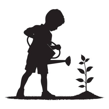 Çocuk Sulama Bitkisi Bir Siluet Vektör Bahçıvanlık İllüzyonu