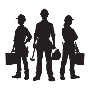 Siluet grubu inşaat işçileri takımı alet üreten endüstriyi tutuyor.