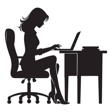 İş kadını Laptop Siyah Siluet Vektör İllüstrasyonu üzerinde çalışıyor