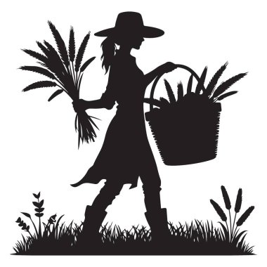 Buğday Toplayan Kadın Çiftçi Siyah Siluet Vektör Grafiği