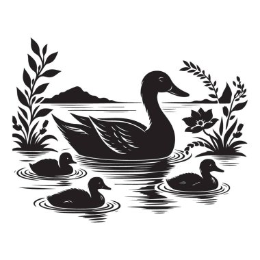 Ördek yavrusuyla Ördek Ana Göl Vektöründe Yüzüyor