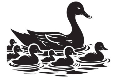 Ördek yavrusuyla Ördek Ana Yüzme Vektörü Çizimi
