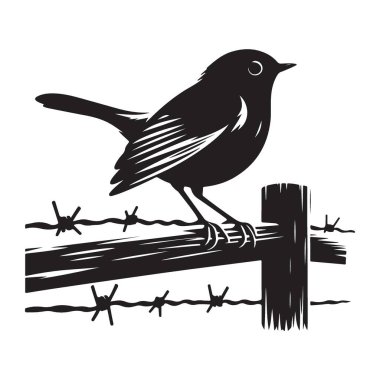 Tasarım için Dikenli Tel Çitteki Kuş Siluet Vektör Grafiği