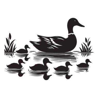Ördek Ailesi Suda Yüzen Siluet Vektör İllüzyonu