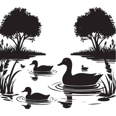 Siluet Ördekler ve Ördekler Gölet Sahnesi Güzel Vektör Resimleri
