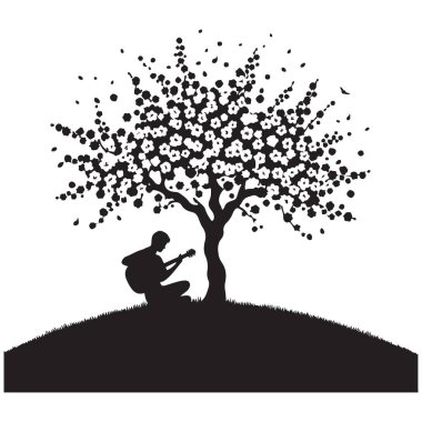 Ağaç Siluetinin Altında Gitar Çalan Adam Görüntü Vektörü Grafiği