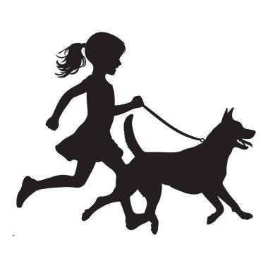Kara Siluet Çiziminde Köpekle Koşan Kız