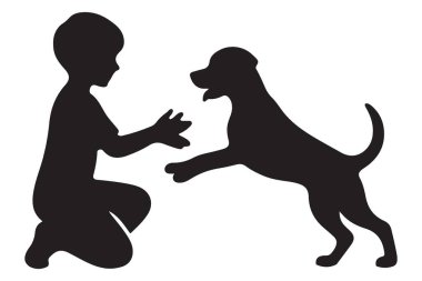 Çocuk ve köpek silueti vektör grafik çizimi oynuyor