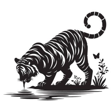 Siluet Kaplan İçen Su Çizimi Doğal Güzellik Tasviri