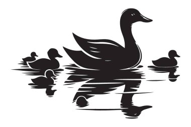 Ördek Anne ve Ördek Yavruları Gölün Yansımasında Yüzen Siluet