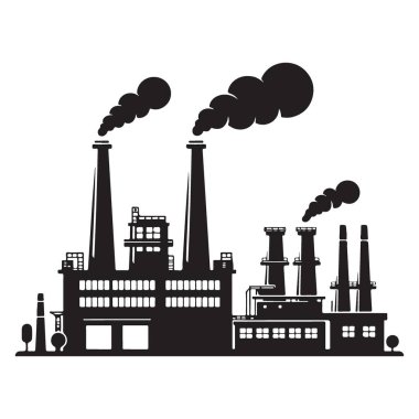 Bacalardan yükselen dumanlı fabrika silueti vektör illüstrasyonundan