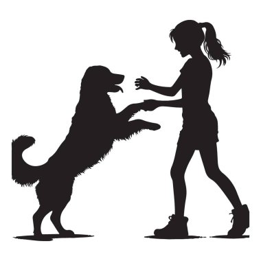 Köpek çizimi tasarımı ile oynayan bir kızın silüeti.