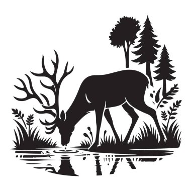 Ayrıntılı Geyik Silüeti Orman Peyzaj Vektöründe İçme Suyu