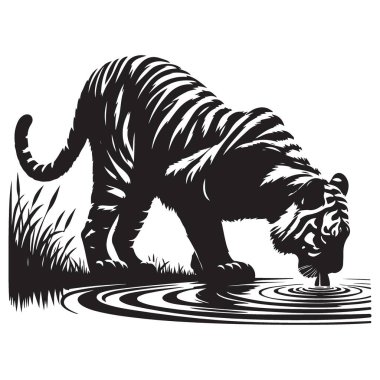 Kaplan Silueti İçen Su Siyah ve Beyaz Vektör