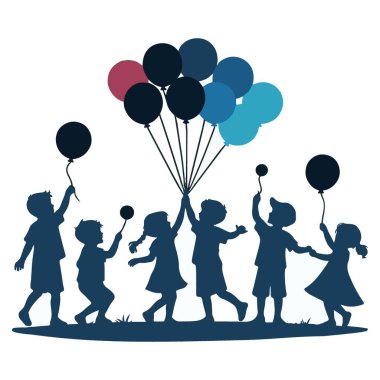Çocuklar ellerinde balonlar, siluet vektör illüstrasyon kutlamaları vesilesiyle