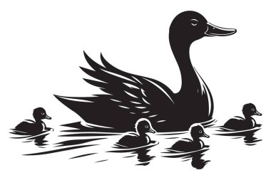 Ördek Anne ve Ördek Yavruları Yüzme Görüntü Vektörü Grafikleri