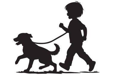 Siluet Çocuk Açık havada Köpeği Yürüten Vektör Sanat İllüstrasyonu