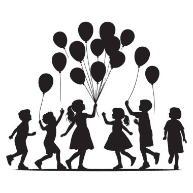 Çocuklar Balon Vektör Resimleriyle Oynuyor Mutlu Çocuklar Silüet Sanatı