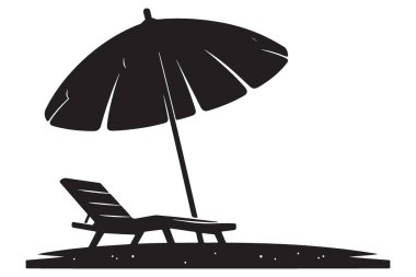 Yaz tatili için plaj şemsiyesi ve şezlong silueti vektör görüntüsü